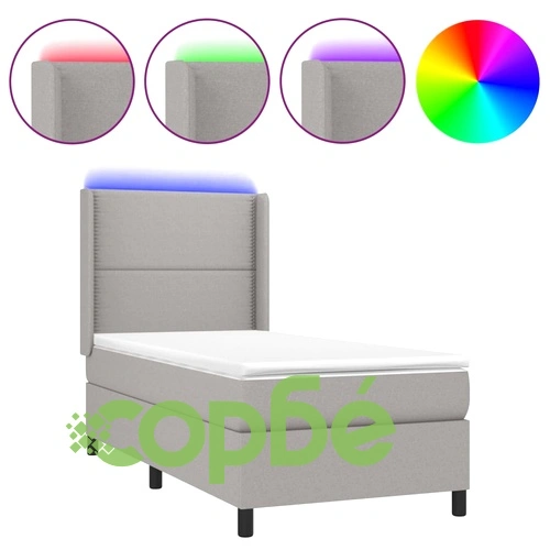 Боксспринг легло с матрак и LED, светлосиво, 90x190 см, плат ➤ топ цена ➤ sorbe.bg