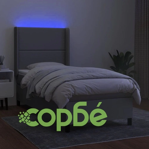 Боксспринг легло с матрак и LED, светлосиво, 90x190 см, плат ➤ топ цена ➤ sorbe.bg