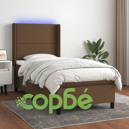 Боксспринг легло с матрак и LED, тъмнокафява, 90x190 см, плат ➤ топ цена ➤ sorbe.bg