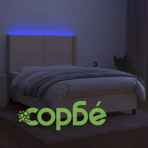 Боксспринг легло с матрак и LED, кремаво, 140x190 см, плат ➤ топ цена ➤ sorbe.bg