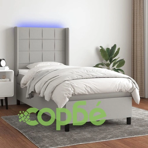Боксспринг легло с матрак и LED, светлосиво, 90x190 см, плат ➤ топ цена ➤ sorbe.bg