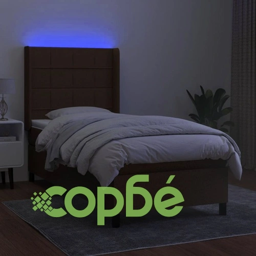Боксспринг легло с матрак и LED, тъмнокафява, 90x190 см, плат ➤ топ цена ➤ sorbe.bg
