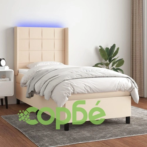 Боксспринг легло с матрак и LED, кремава, 90x190 см, плат ➤ топ цена ➤ sorbe.bg