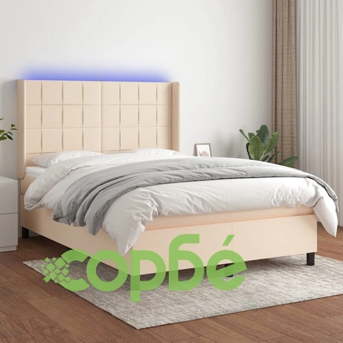 Боксспринг легло с матрак и LED, кремаво, 140x190 см, плат ➤ топ цена ➤ sorbe.bg