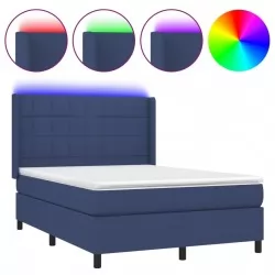 Боксспринг легло с матрак и LED, синьо, 140x200 см, плат
