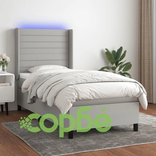 Боксспринг легло с матрак и LED, светлосиво, 90x190 см, плат ➤ топ цена ➤ sorbe.bg