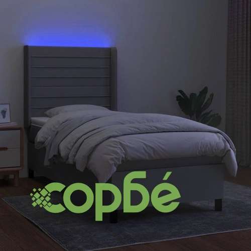 Боксспринг легло с матрак и LED, светлосиво, 90x200 см, плат ➤ топ цена ➤ sorbe.bg
