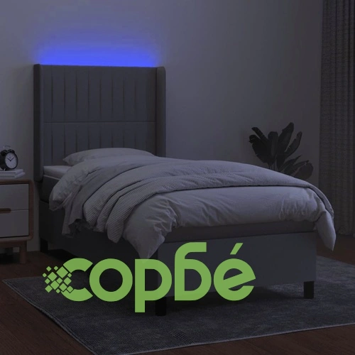 Боксспринг легло с матрак и LED, светлосиво, 90x190 см, плат ➤ топ цена ➤ sorbe.bg