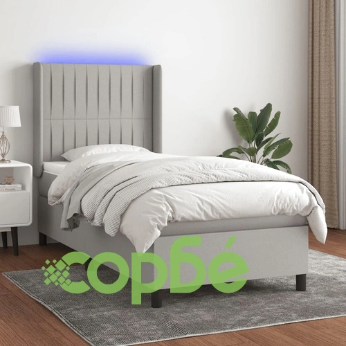 Боксспринг легло с матрак и LED, светлосиво, 90x200 см, плат ➤ топ цена ➤ sorbe.bg