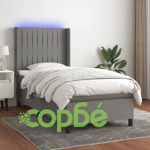 Боксспринг легло с матрак и LED, тъмносиво, 100x200 см, плат ➤ топ цена ➤ sorbe.bg