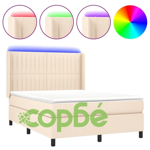 Боксспринг легло с матрак и LED, кремаво, 140x200 см, плат ➤ топ цена ➤ sorbe.bg