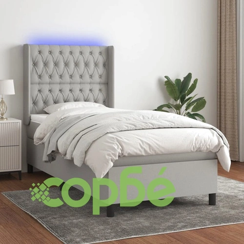 Боксспринг легло с матрак и LED, светлосиво, 90x190 см, плат ➤ топ цена ➤ sorbe.bg