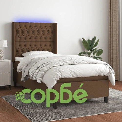 Боксспринг легло с матрак и LED, тъмнокафяво, 100x200 см, плат ➤ топ цена ➤ sorbe.bg