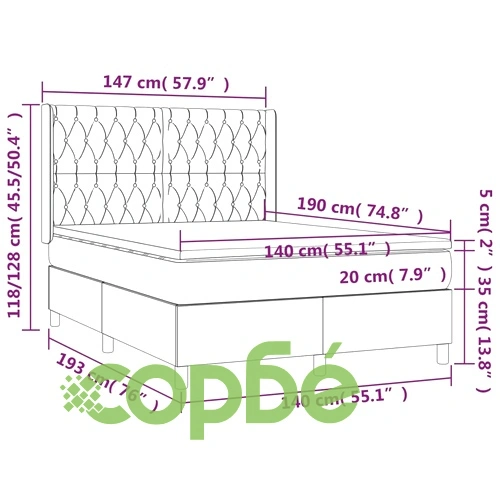 Боксспринг легло с матрак и LED, кремаво, 140x190 см, плат ➤ топ цена ➤ sorbe.bg