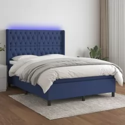 Боксспринг легло с матрак и LED, синьо, 140x190 см, плат