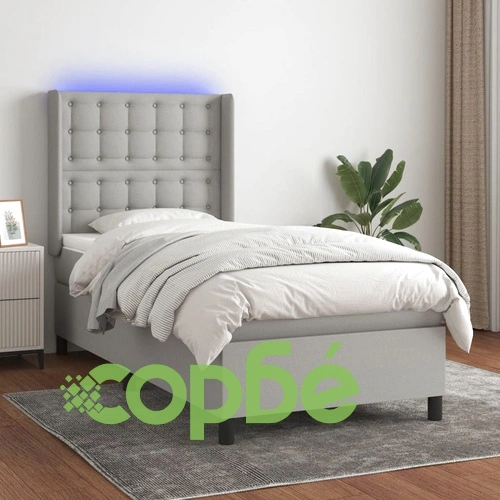 Боксспринг легло с матрак и LED, светлосиво, 90x200 см, плат ➤ топ цена ➤ sorbe.bg