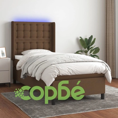 Боксспринг легло с матрак и LED, тъмнокафяво, 100x200 см, плат ➤ топ цена ➤ sorbe.bg