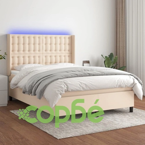 Боксспринг легло с матрак и LED, кремаво, 140x190 см, плат ➤ топ цена ➤ sorbe.bg