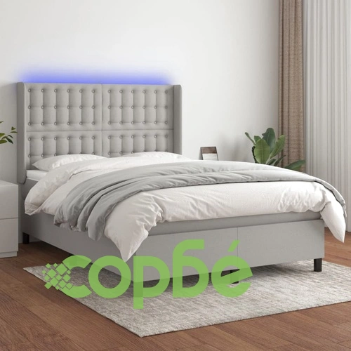 Боксспринг легло с матрак и LED, светлосиво, 140x200 см, плат ➤ топ цена ➤ sorbe.bg