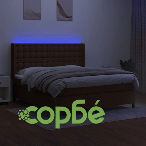 Боксспринг легло с матрак и LED, тъмнокафяво, 160x200 см, плат ➤ топ цена ➤ sorbe.bg