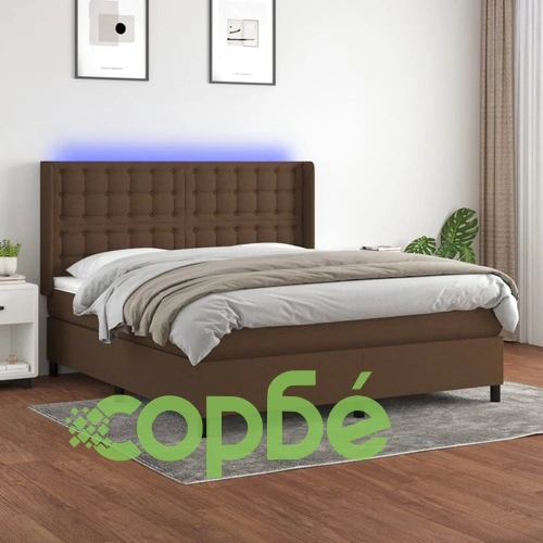 Боксспринг легло с матрак и LED, тъмнокафяво, 160x200 см, плат ➤ топ цена ➤ sorbe.bg