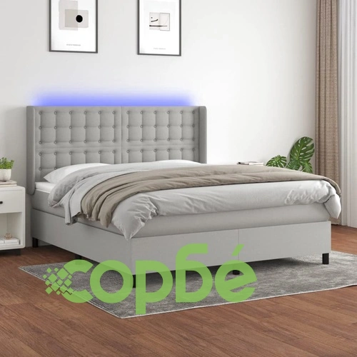 Боксспринг легло с матрак и LED, светлосиво, 180x200 см, плат ➤ топ цена ➤ sorbe.bg