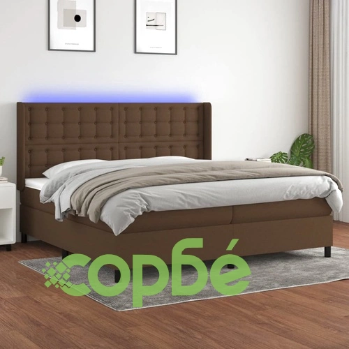 Боксспринг легло с матрак и LED, тъмнокафява, 200x200 см, плат ➤ топ цена ➤ sorbe.bg