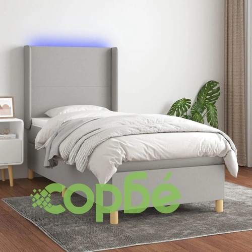 Боксспринг легло с матрак и LED, светлосиво, 90x200 см, плат ➤ топ цена ➤ sorbe.bg