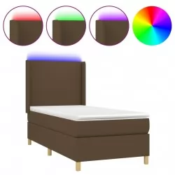 Боксспринг легло с матрак и LED, тъмнокафява, 90x200 см, плат