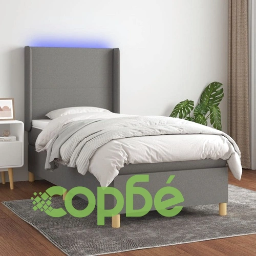 Боксспринг легло с матрак и LED, тъмносиво, 100x200 см, плат ➤ топ цена ➤ sorbe.bg