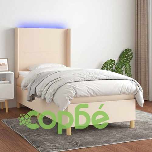 Боксспринг легло с матрак и LED, кремаво, 100x200 см, плат ➤ топ цена ➤ sorbe.bg