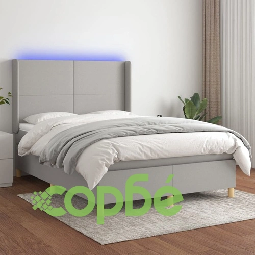Боксспринг легло с матрак и LED, светлосиво, 140x190 см, плат ➤ топ цена ➤ sorbe.bg