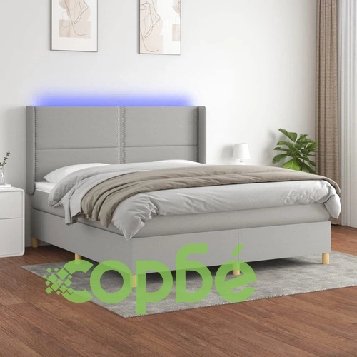 Боксспринг легло с матрак и LED, светлосиво, 180x200 см, плат ➤ топ цена ➤ sorbe.bg