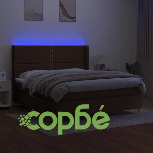 Боксспринг легло с матрак и LED, тъмнокафяво, 180x200 см, плат ➤ топ цена ➤ sorbe.bg