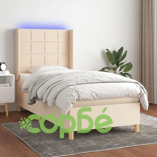 Боксспринг легло с матрак и LED, кремава, 90x190 см, плат ➤ топ цена ➤ sorbe.bg