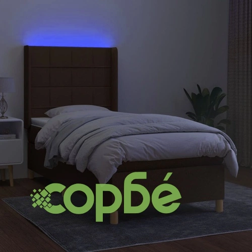 Боксспринг легло с матрак и LED, тъмнокафява, 90x200 см, плат ➤ топ цена ➤ sorbe.bg