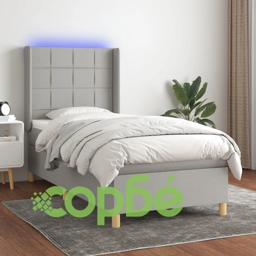 Боксспринг легло с матрак и LED, светлосиво, 100x200 см, плат ➤ топ цена ➤ sorbe.bg