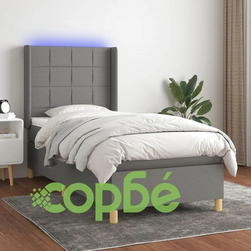 Боксспринг легло с матрак и LED, тъмносиво, 100x200 см, плат ➤ топ цена ➤ sorbe.bg