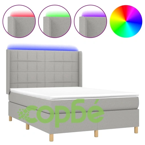 Боксспринг легло с матрак и LED, светлосиво, 140x200 см, плат ➤ топ цена ➤ sorbe.bg
