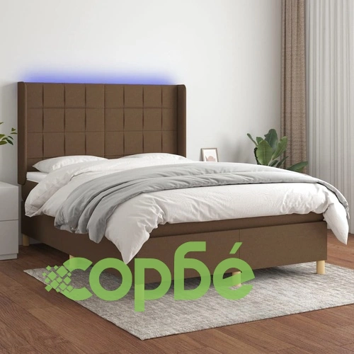 Боксспринг легло с матрак и LED, тъмнокафяво, 140x200 см, плат ➤ топ цена ➤ sorbe.bg