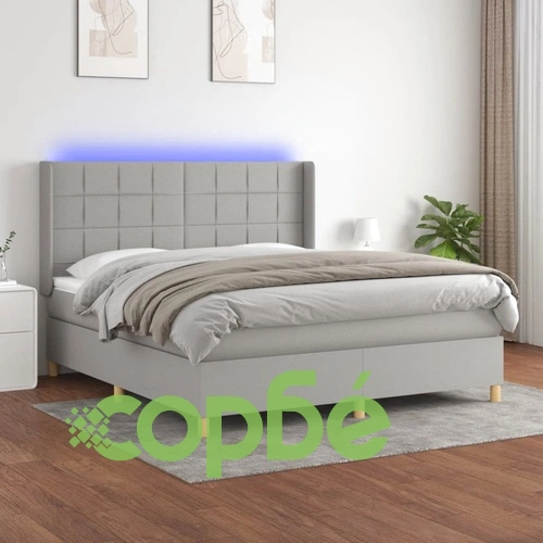 Боксспринг легло с матрак и LED, светлосиво, 160x200 см, плат ➤ топ цена ➤ sorbe.bg