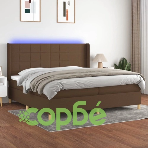 Боксспринг легло с матрак и LED, тъмнокафява, 200x200 см, плат ➤ топ цена ➤ sorbe.bg