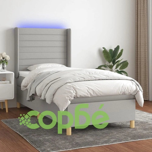 Боксспринг легло с матрак и LED, светлосиво, 90x200 см, плат ➤ топ цена ➤ sorbe.bg