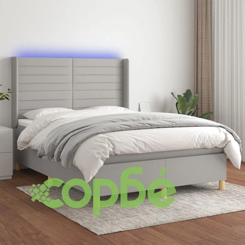 Боксспринг легло с матрак и LED, светлосиво, 140x200 см, плат ➤ топ цена ➤ sorbe.bg