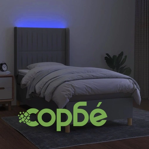 Боксспринг легло с матрак и LED, светлосиво, 90x190 см, плат ➤ топ цена ➤ sorbe.bg