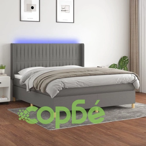 Боксспринг легло с матрак и LED, тъмносиво, 160x200 см, плат ➤ топ цена ➤ sorbe.bg
