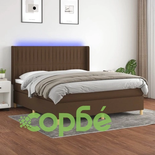 Боксспринг легло с матрак и LED, тъмнокафяво, 160x200 см, плат ➤ топ цена ➤ sorbe.bg