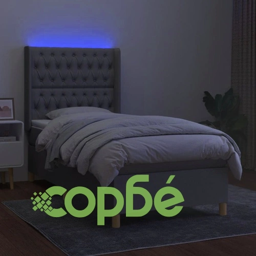 Боксспринг легло с матрак и LED, светлосиво, 90x190 см, плат ➤ топ цена ➤ sorbe.bg