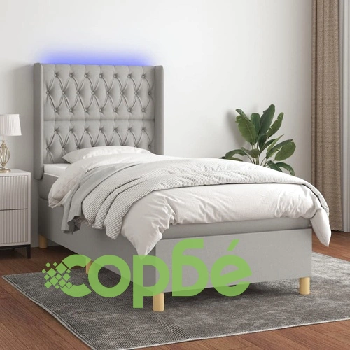 Боксспринг легло с матрак и LED, светлосиво, 90x190 см, плат ➤ топ цена ➤ sorbe.bg