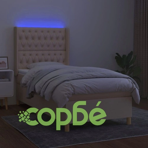 Боксспринг легло с матрак и LED, кремава, 90x190 см, плат ➤ топ цена ➤ sorbe.bg